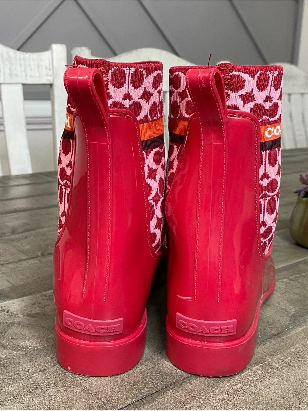 Coach Rivington Rain Bootie Candy Apple Red Rubber Chelsea Boots Size 10